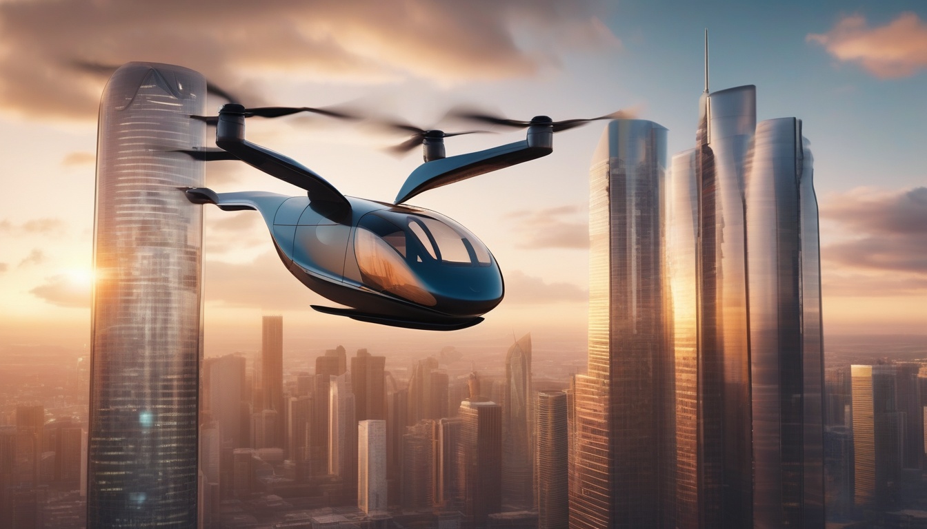 都市上空を飛行するeVTOL機とビル群が象徴するエアモビリティ市場の成長